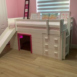 Kids Twin Bed With Loft, Slide, Dresser And Decor