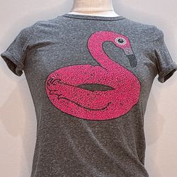 Gray Graphic T-Shirt with Pink Flamingo Size Small