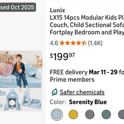 Lunix LX15 14pcs Modular Kids Play Couch, Child Sectional Sofa, Fortplay Bedroom and Playroom Furniture for Toddlers