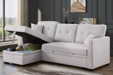 New Sectional Sofa Bed, Sofabed with STORAGE Chaise Set Pullout Sleeper Bed Ikea Style Pull out Adjustable Under Seat Light Gray Navy Black Fabric