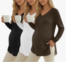 3 Pack Large Women's Thermal Maternity Shirts Long Sleeve, Fleece, Lined, Pregnancy, Split Side, V Neck, Warm, Comfortable, for Expectant Moms