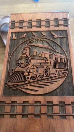 Carved Wooden Box with Steam Train Design