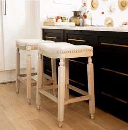 Barton Set of 2 Bar Stools Beige 28.5" Saddle Backless Premium Padded Indoor/Outdoor Nailhea...94036/2