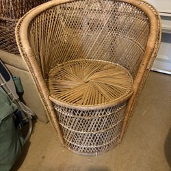 Vintage Woven Wicker Bucket  Peacock Chair  With Starburst Seat
