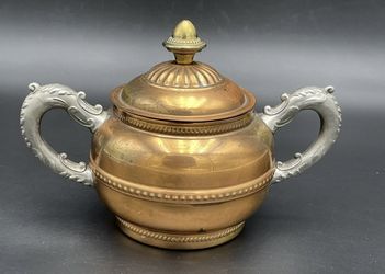 Copper & Brass Sugar Bowl handcrafted Rochester NY 1940s Forged Handle