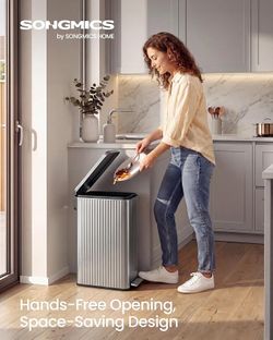 Trash Can, 13 Gallon (50 L) Slim Garbage Can for Kitchen, with Soft-Close Lid, Pedal, Removable Inner Bucket, Stainless Steel, 15 Trash Bags, Space-Sa