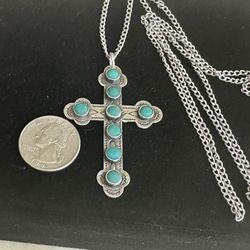 Vintage Large 925 Sterling Silver W/ Genuine Turquoise Cross Necklace , Native Am. Embossed, Marked Sterling , 925 26 In Chain,  2.25 In. Long 