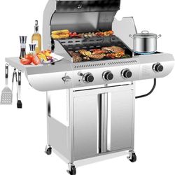 3-Burner Propane Gas Grill with Side Burner – 34,000 BTU Stainless Steel Outdoor BBQ Grill, Cast Iron Grates, Portable with Wheels for Patio, Camping