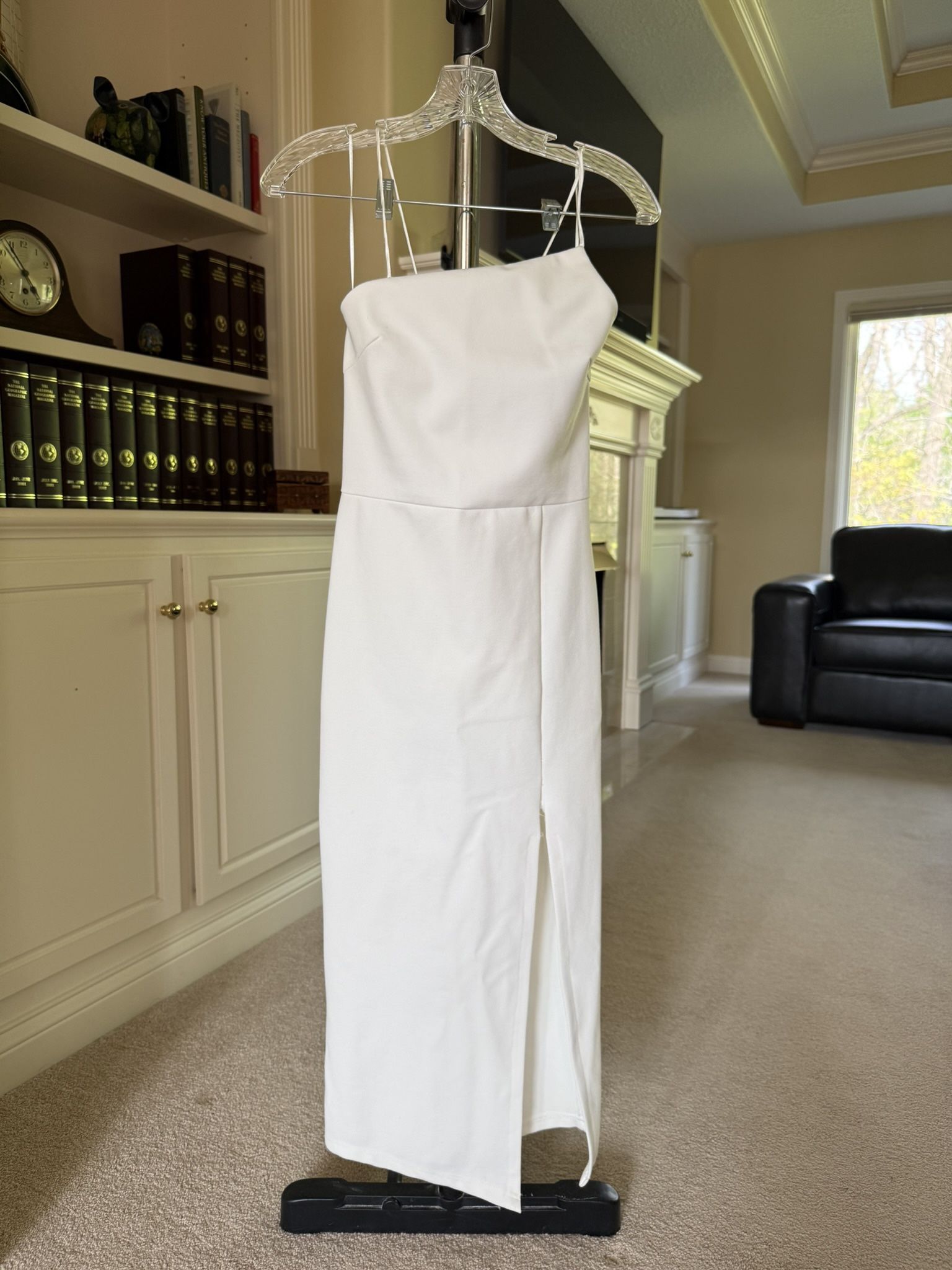 White strapless maxi dress with slit
