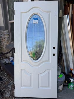 White Exterior Solid Fiberglass Door With Decorative Glass