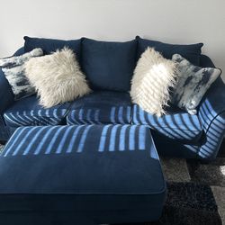 Blue Velvet AM Couch, Ottoman, and Matching Rug set