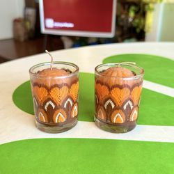 Vintage 1970’s Candles Set of 2 Small Table Glass Brown Boho Hippie Amber Orange