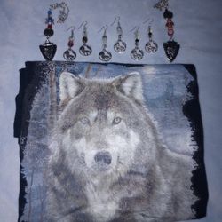 Wolf T-shirt Lg Silver Wolf Charm Beaded Earrings Arrowhead Rear View Mirror Decoration 