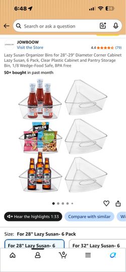 Lazy Susan Organizer Bins for 28"-29" Diameter Corner Cabinet Lazy Susan, 6 Pack, Clear Plastic Cabinet and Pantry Storage Bin, 1/8 Wedge-Food Safe, B