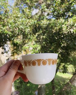 Gold Butterfly Pyrex Milk Glass Tea Cup