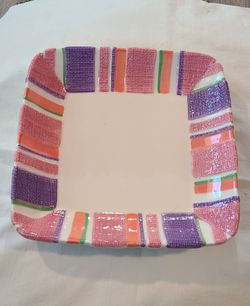 Lg Colorful Ceramic Square Serving Bowl. Pinks, Purples, Whites & touches of Orange and Green. Beautiful Hand-Painted Ceramic Bowl by Ganz Bella Casa.