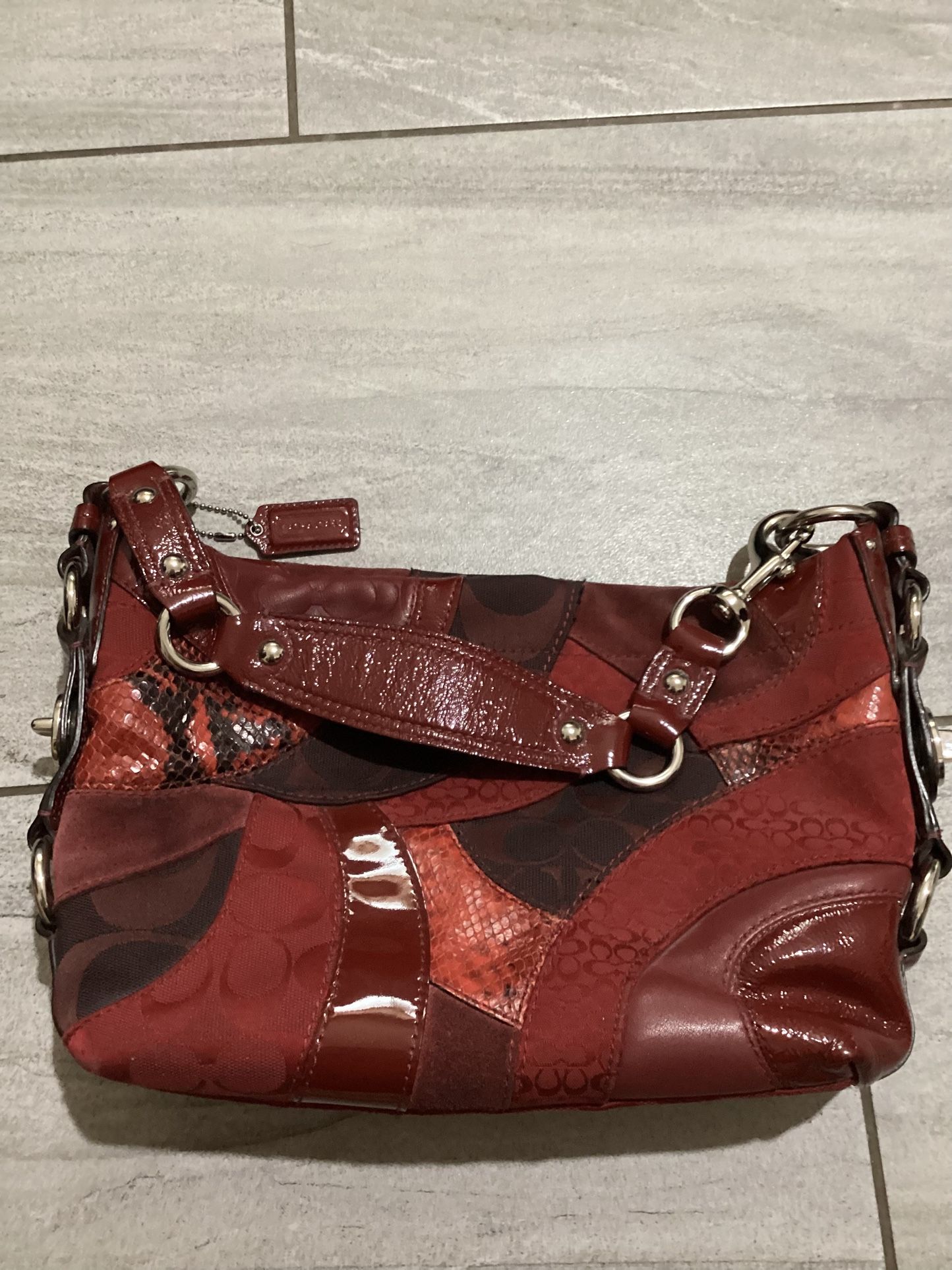 Coach Carly Patchwork Red Snake Print Leather Suede Hobo Bag