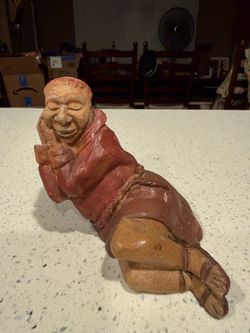 Vintage Folk Art Reclining Monk Friar Figurine Hand Painted Ceramic Sculpture Rustic Decor
