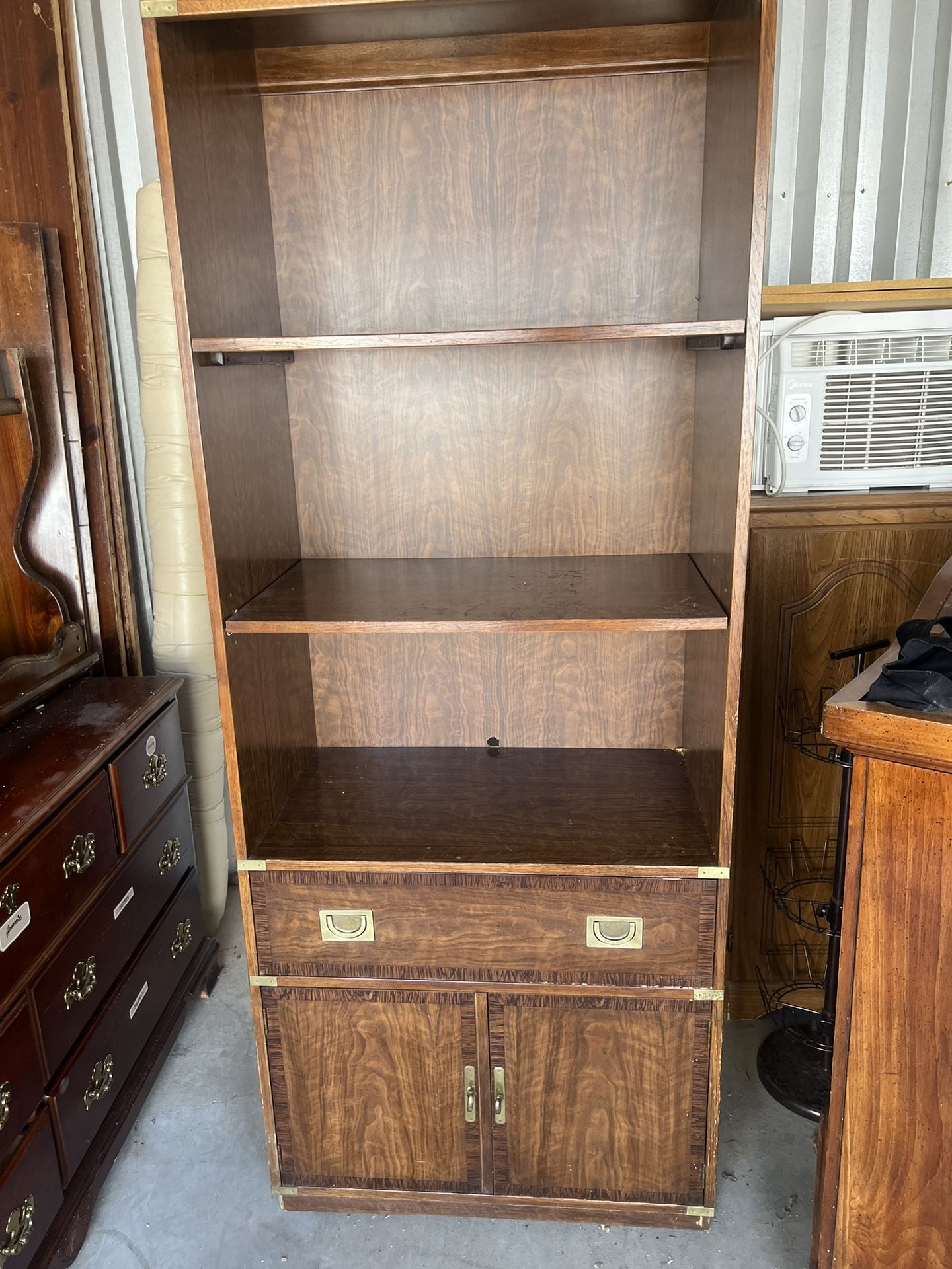 Tall Wooden Shelves With Drawer and Storage Compartment  30 1/2” wide  18” deep  78 1/2” tall  