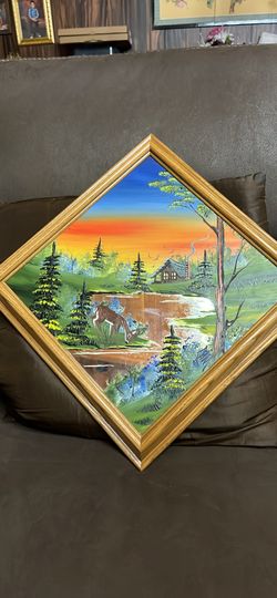 Unique Art Hand Painted Florest Cabin  Deer On Glass Gorgeous 