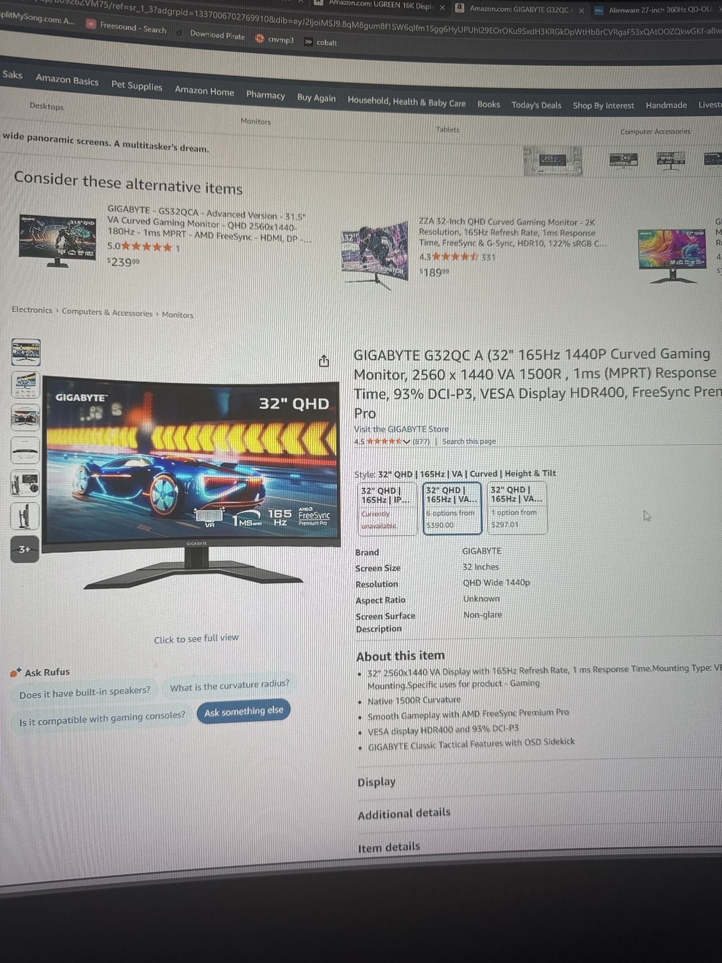 1440p 165hz 32inch curved 1ms monitor