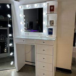 TRENDING Vanity Table & Mirror Set with Shelves &  Glass Top 