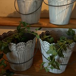 Set Of 4 Tin Whitewashed Buckets/Planters-NEW