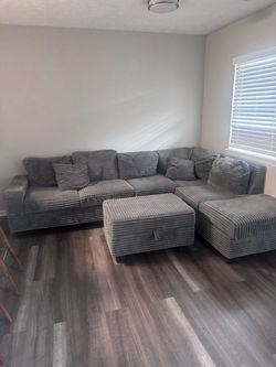 Gray Corduroy Sectional Sofa with Ottoman