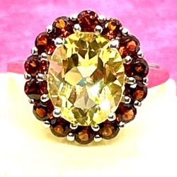 Sterling Citrine and Garnet Halo Ring Sz 10