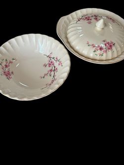 Vintage 1940s Peach Blossom Casserole Set And Lg Serving Bowl
