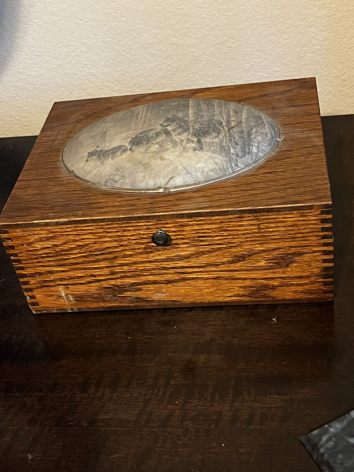 Vintage Wooden box , hand made , a picture wolves in snow, dove tailed unique