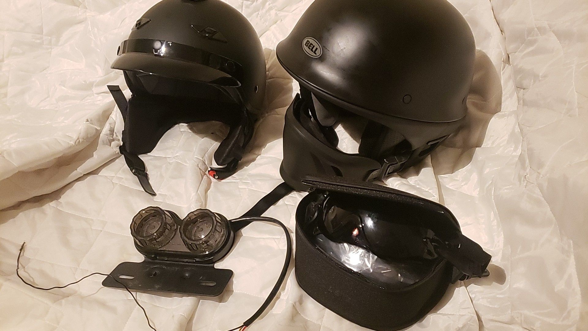 Motorcycle Helmet Bundle, Bell Rogue XL w/ Bobster Goggles, LS2 Bagger M, Free LED Tail Light