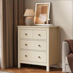 Beige 3-Drawer Dresser with Brass Knobs