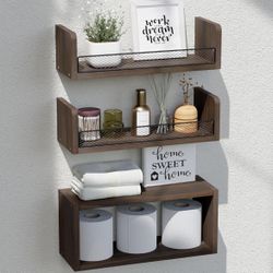 Floating Shelves with Wire Mesh Guardrail, Bathroom Shelves Over Toilet, Farmhouse Wood Wall Shelf, Wall Mount Bathroom Organizer, Bathroom Storage Sh