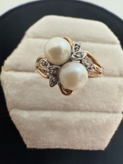 10K Solid Yellow Gold Double Pearl & Diamond Botanical Bypass Ring Size 7