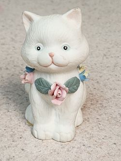 White Ceramic Cat Figurine with Floral Collar