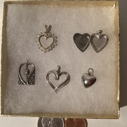 Vintage Lot Of 5 Sterling Silver Pendants Charms Hearts