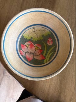 Round wooden hand painted bowl