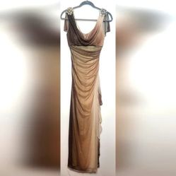 Vintage Betsy Adam Prom Dress Maxi Gown Brown Fairy Sparkle Y2K Ombre Ruffle