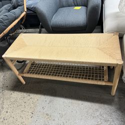 Indoor Entryway Bench with Paper Cord Ottoman & Grid Storage Rack, Mid-Century Long Bench with Rubber Wood Legs, French Vanity End Bed Bench for Bedro