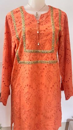 Orange Chikankari Kurti Gold Zari Embroidery