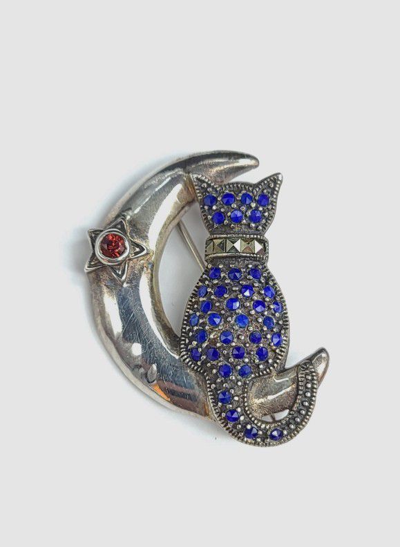 925 Silver Lapis Marcasite Cat Moon Brooch