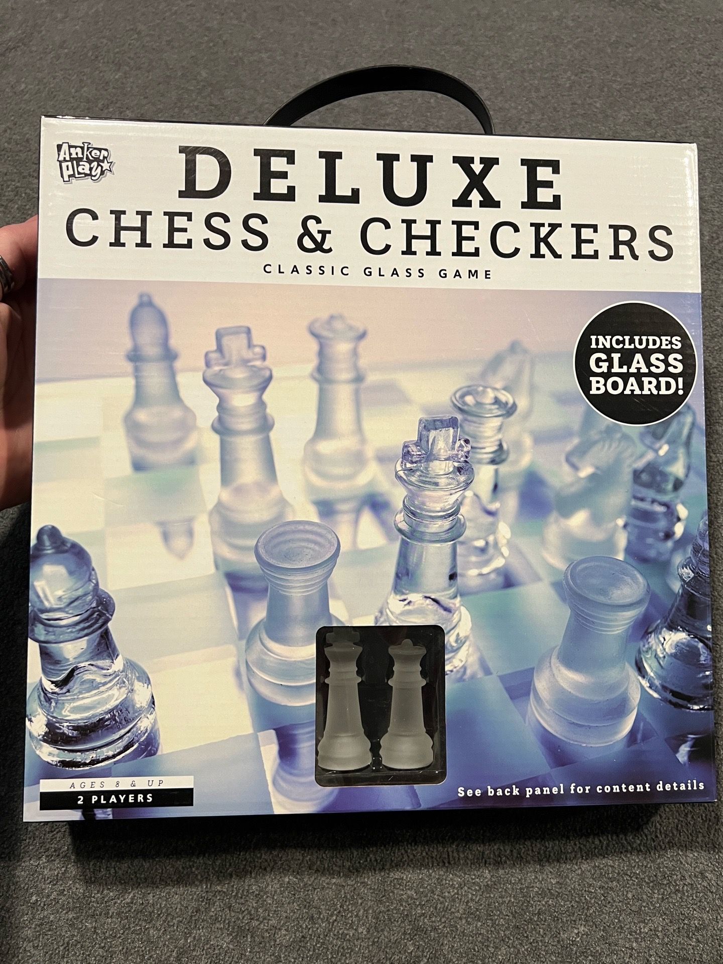 Like new, glass Deluxe Chess & Checkers set