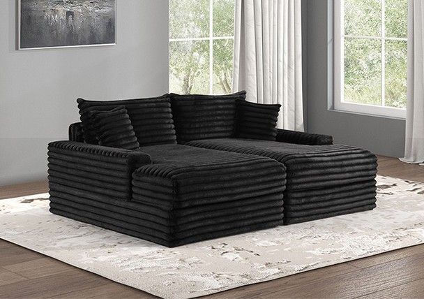 Versoix Black Padded Chenille Double Chaise Couch Lounge Sofa Love Seat w/ USB