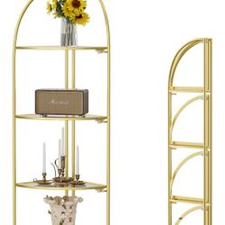 Crofy Foldable 4 Tier Corner Shelf, Metal Corner Plant Stand with Gold Frame and Transparent Shelves, Corner Display Rack Multipurpose Shelving Unit f