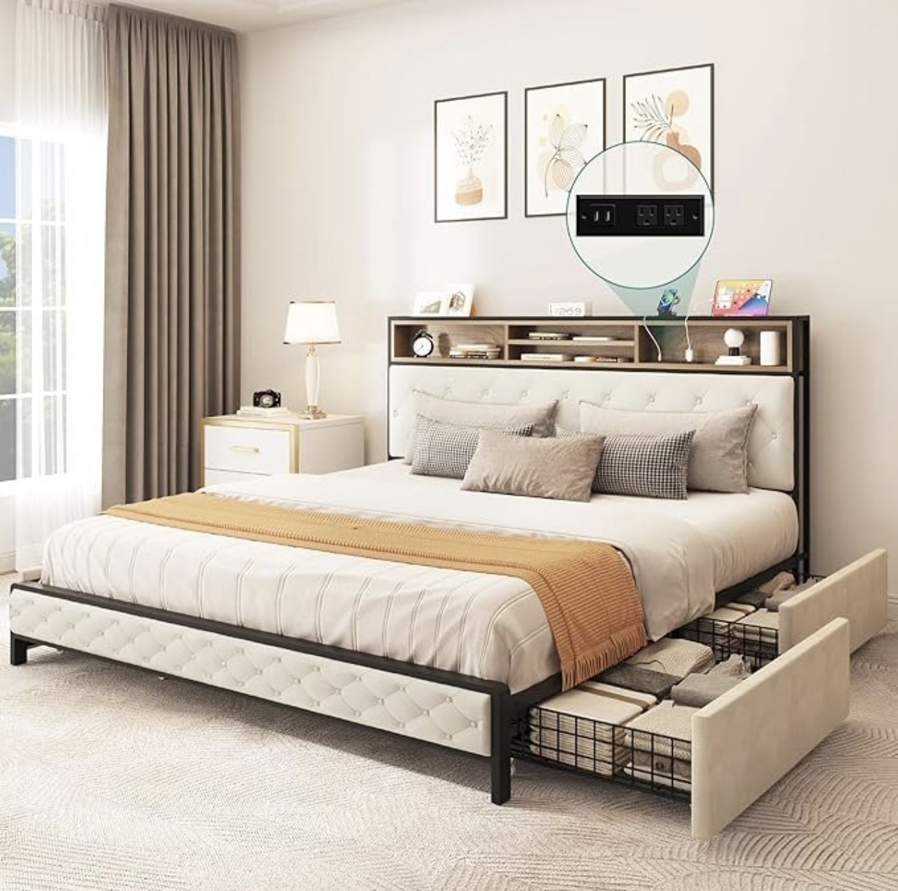 UPHOLSTERED BED FRAME QUEEN SIZE WITH STORAGE AND LED LIGHTING BRAND NEW IN BOX!!!