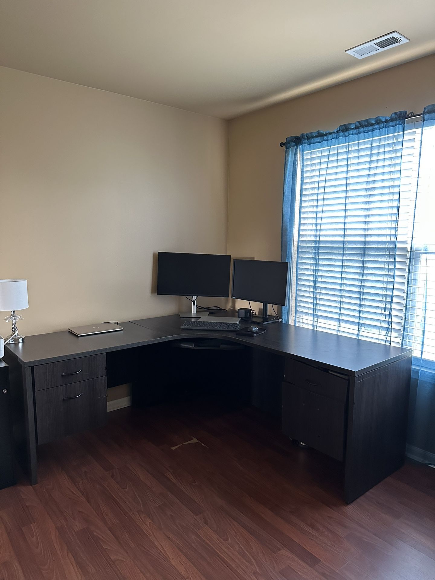 Gray Corner Desk With HP Printer