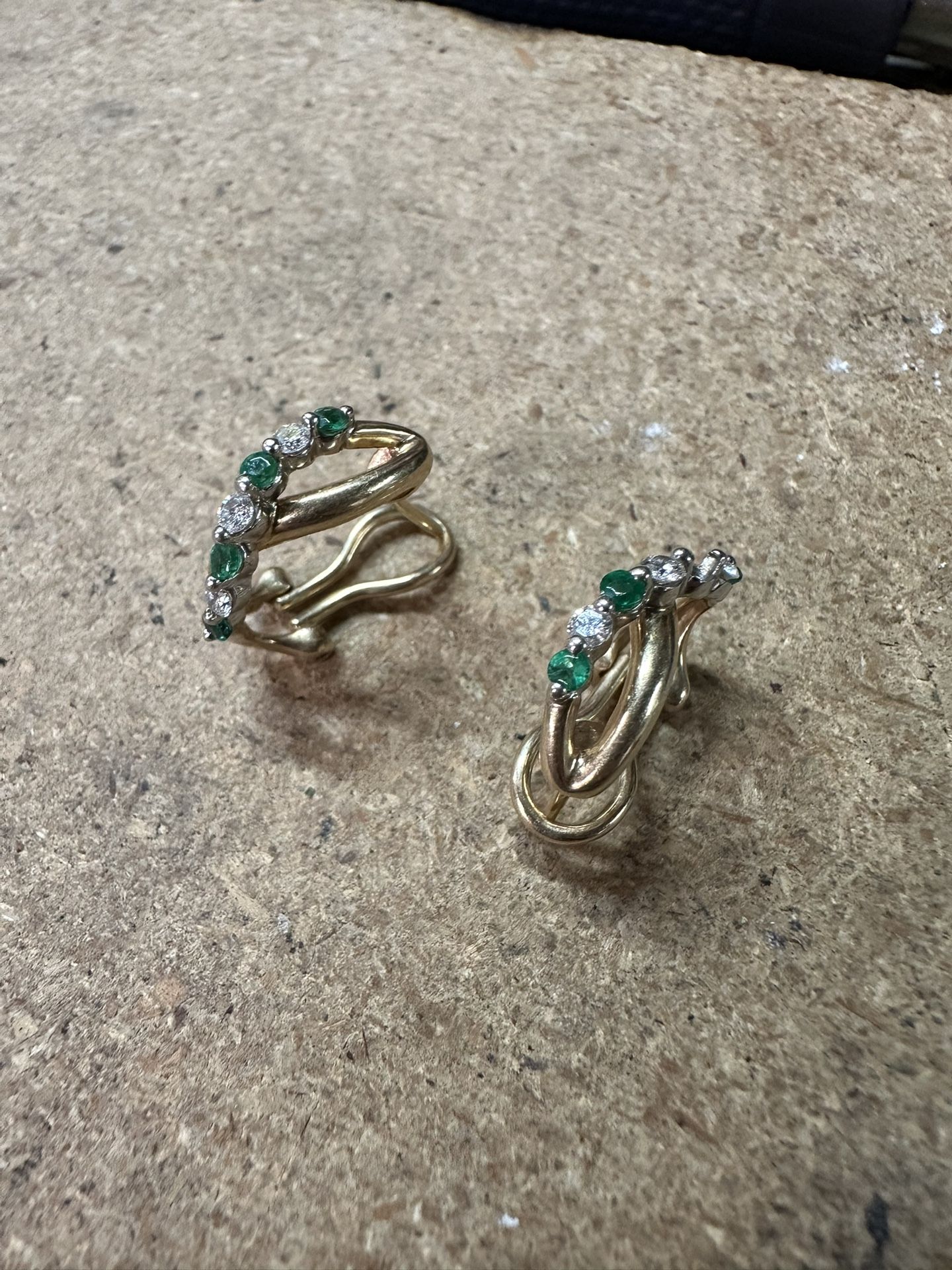 14k Gold Earrings With Small Diamonds/green Stones  