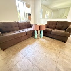 Brown Sofa and Loveseat with Lamps   