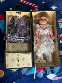 Porcelain Doll with Trunk Case and Extra Outfit